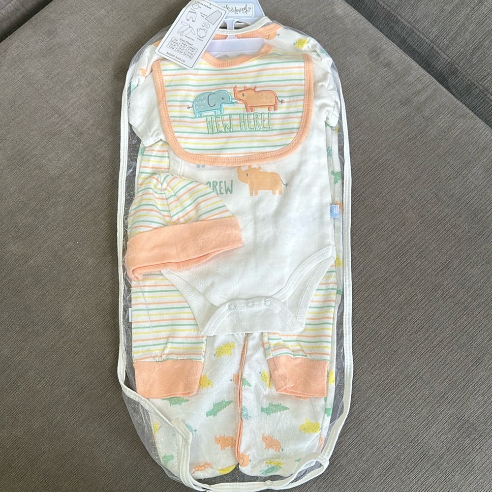 Little and Loved brand sized for 3-6 months. Blue, orange, yellow, green, white.